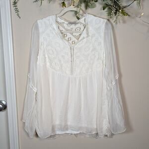 Bellambia Silk White Lace Bohemian Eyelet Peasant Top Blouse